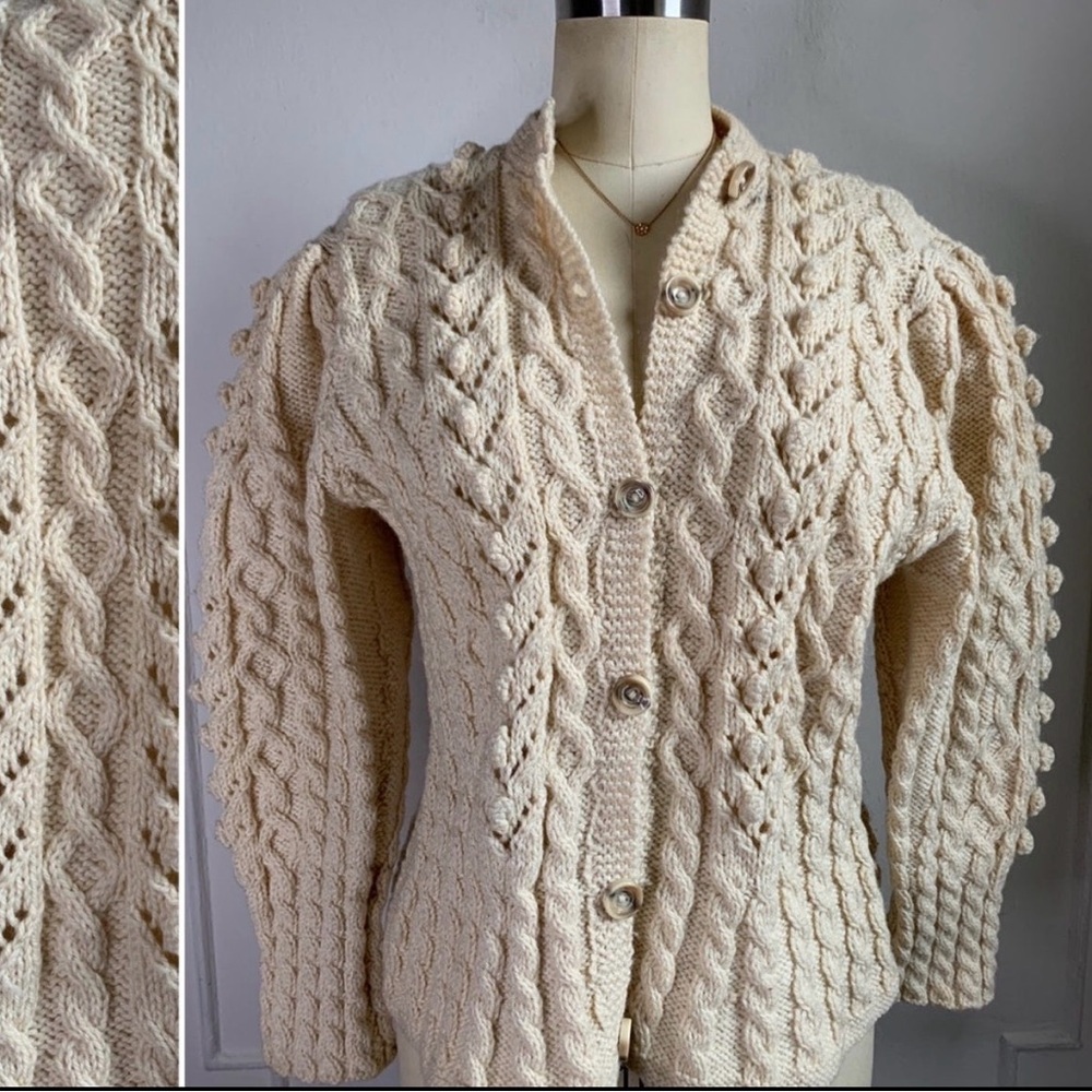 Vintage Irish Style 100% Wool Hand Knit Cardigan Sweater